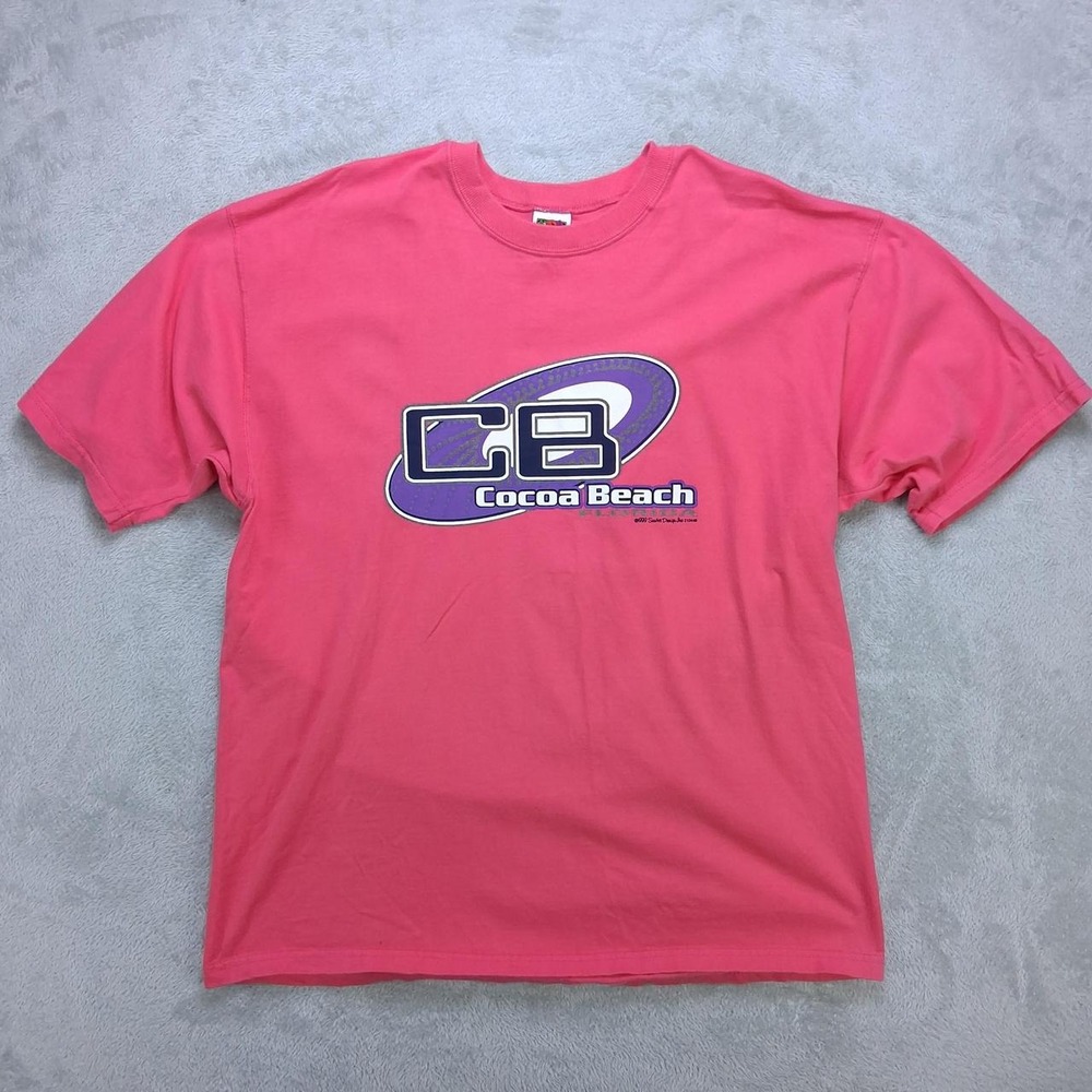 Vintage 1999 Cocoa Beach Florida Graphic T-Shirt XL Pink Fruit of the Loom Y2K
